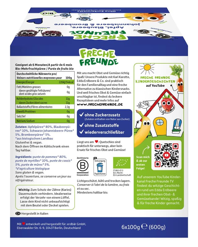 Freche Freunde Organic Squeeze Pouch Value 6-Pack Apple, Blueberry, Currant & Blackberry