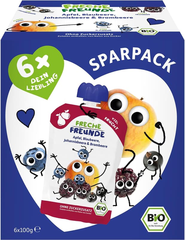 Freche Freunde BIO Quetschie 6er Sparpack Apfel, Blaubeere, Johannisbeere & Brombeere