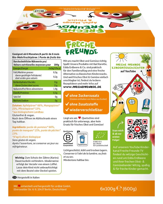 Freche Freunde BIO Quetschie 6er Sparpack Apfel, Mango & Pfirsich