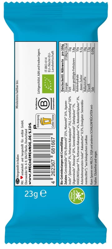 Freche Freunde Kids Organic Crunchy Sticks with Hazelnut, Cocoa & Coconut Cream Filling 23g