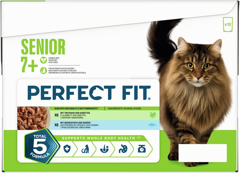 Perfect Fit™ Katze Multipack Portionsbeutel Senior 7+ 2 Varietäten Truthahn & Karotten, Meeresfisch & Gemüse in Sauce 12x85g