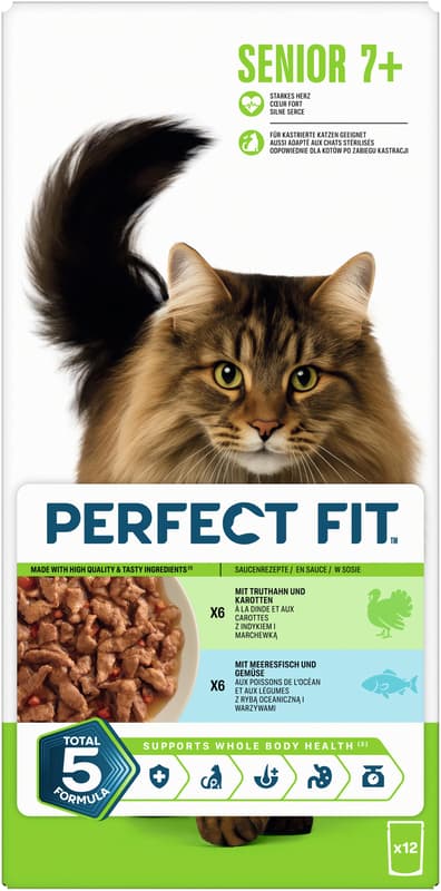 Perfect Fit™ Katze Multipack Portionsbeutel Senior 7+ 2 Varietäten Truthahn & Karotten, Meeresfisch & Gemüse in Sauce 12x85g