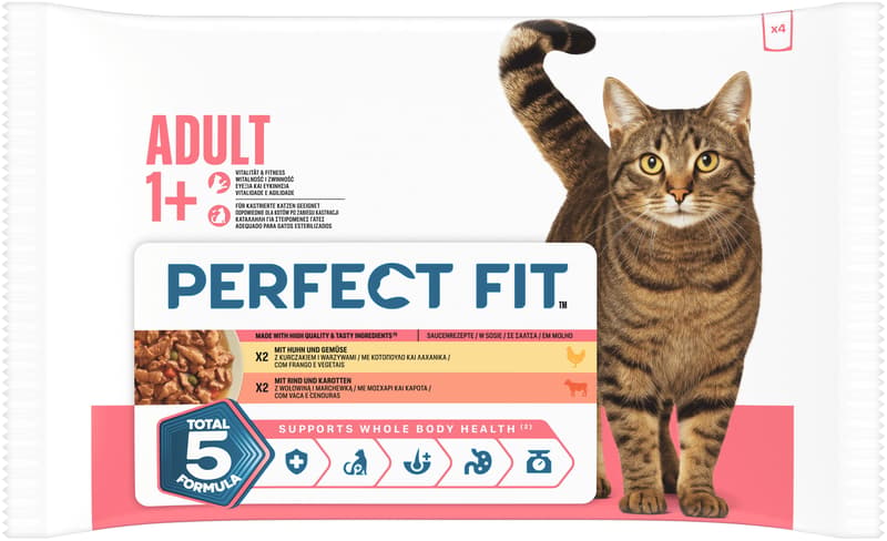 Perfect Fit™ Katze Multipack Portionsbeutel 2 Varietäten Huhn & Erbsen, Rind & Karotten in Sauce 4x85g