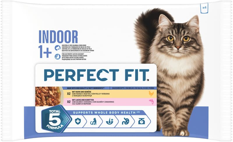 Perfect Fit™ Katze Multipack Portionsbeutel Indoor Huhn & Gemüse, Lachs & Karotte in Sauce 4x85g