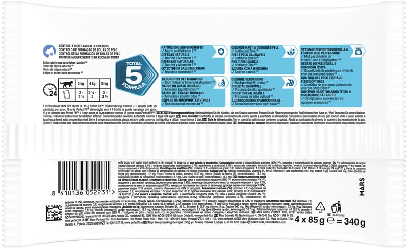 Perfect Fit™ Katze Multipack Portionsbeutel Indoor Huhn & Gemüse, Lachs & Karotte in Sauce 4x85g