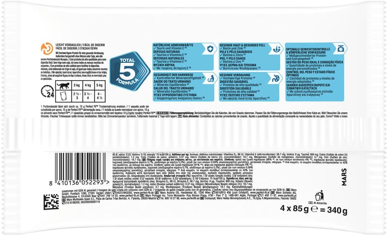 Perfect Fit™ Katze Multipack Portionsbeutel Sensitive 2 Varietäten Huhn & Karotte, Lachs & Karotte in Sauce 4x85g