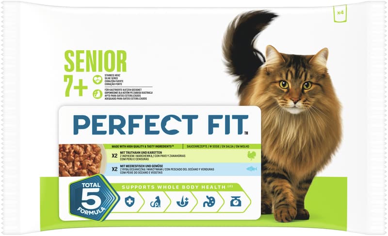 Perfect Fit™ Katze Multipack Portionsbeutel Senior 7+ Truthahn & Karotten, Meeresfisch & Gemüse in Sauce 4x85g