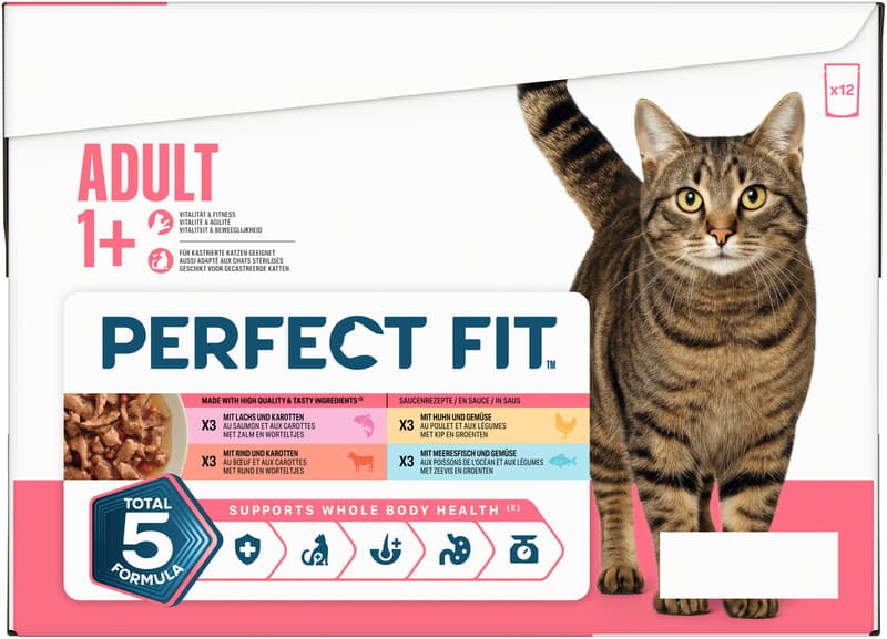 Perfect Fit™ Katze Multipack Portionsbeutel 4 Varietäten Huhn & Gemüse, Rind & Karotten, Lachs & Karotten, Meeresfisch & Gemüse in Sauce 12x85g