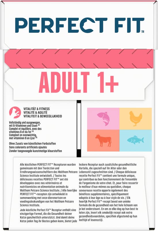 Perfect Fit™ Katze Multipack Portionsbeutel 4 Varietäten Huhn & Gemüse, Rind & Karotten, Lachs & Karotten, Meeresfisch & Gemüse in Sauce 12x85g