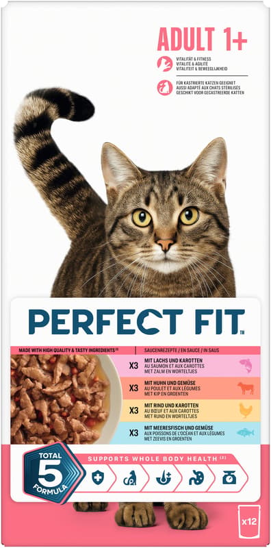 Perfect Fit™ Katze Multipack Portionsbeutel 4 Varietäten Huhn & Gemüse, Rind & Karotten, Lachs & Karotten, Meeresfisch & Gemüse in Sauce 12x85g