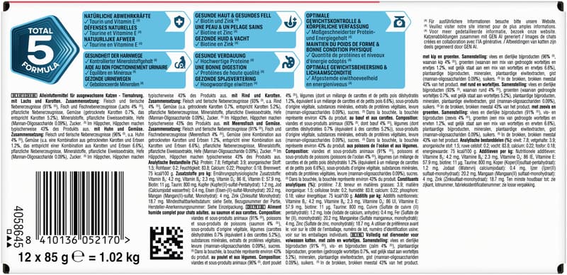 Perfect Fit™ Katze Multipack Portionsbeutel 4 Varietäten Huhn & Gemüse, Rind & Karotten, Lachs & Karotten, Meeresfisch & Gemüse in Sauce 12x85g