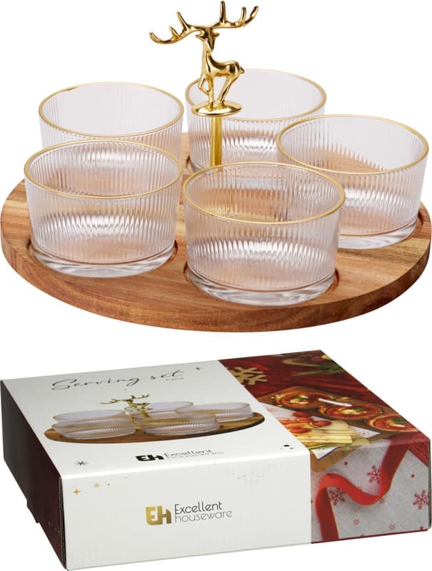 Christmas Serving Set 6-Piece, Glass/Acacia Wood, Ø 25 cm