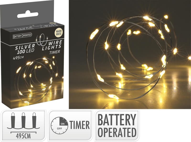Silver wire string lights 100 LEDs, warm white