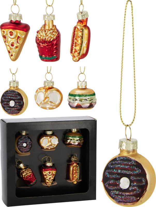 Christmas bauble set "Fast Food" – 6-piece, made of glass. , Ø 5 cm