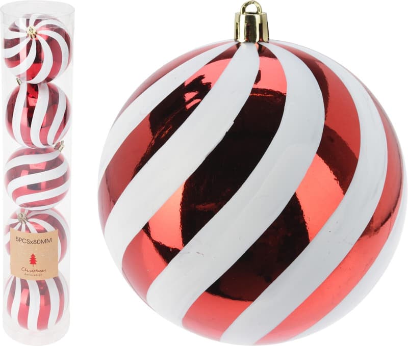 Weihnachtskugel-Set Candy, Ø 8 cm, Kunststoff, Rot&Weiß