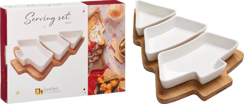 Christmas tree serving set 4-piece, porcelain/bamboo