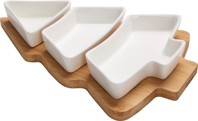 Christmas tree serving set 4-piece, porcelain/bamboo