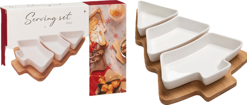 Christmas tree serving set 4-piece, porcelain/bamboo