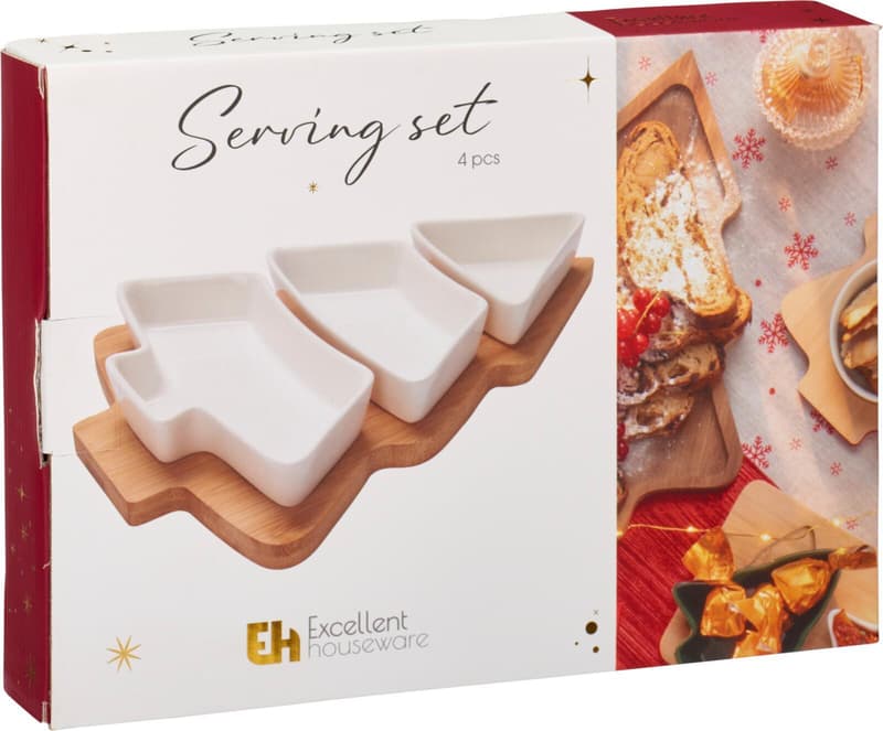 Christmas tree serving set 4-piece, porcelain/bamboo