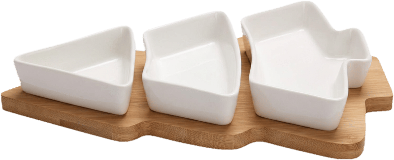 Christmas tree serving set 4-piece, porcelain/bamboo