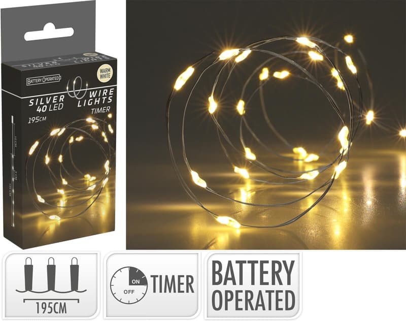 Silver wire string lights 40 LEDs, warm white