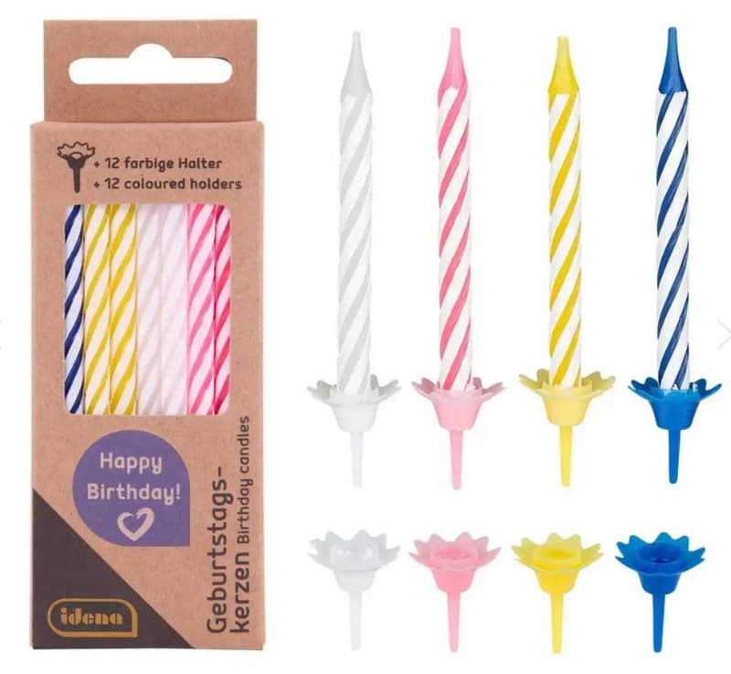 Idena birthday candles, 24 pieces with 12 holders