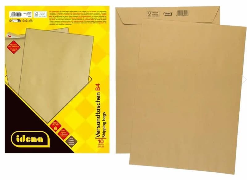 Idena mailing envelopes without window, self-adhesive, 90g/m², brown, DIN B4, pack of 10
