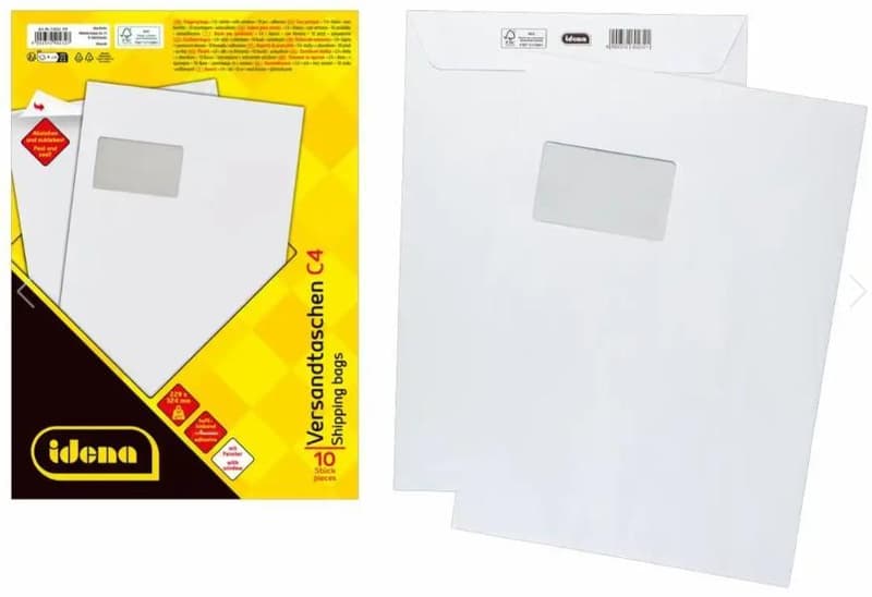 Idena mailing envelopes with window, self-adhesive, 90g/m², white, DIN C4, pack of 10