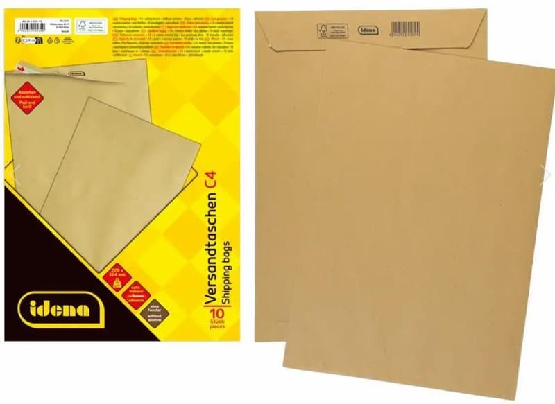 Idena mailing envelopes without window, self-adhesive, 90g/m², brown, DIN C4, pack of 10
