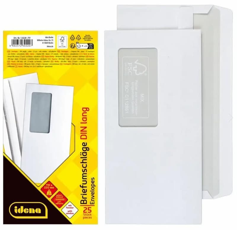 Idena envelopes 75g/m² self-adhesive with window white DIN long 25 pieces