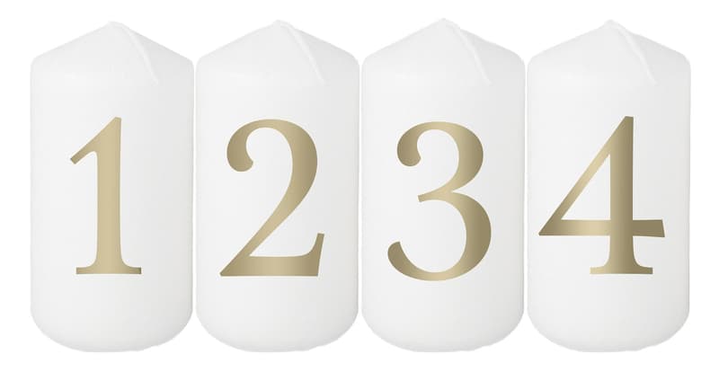 Advent pillar candles 4-50-90 "Numbers", white/gold