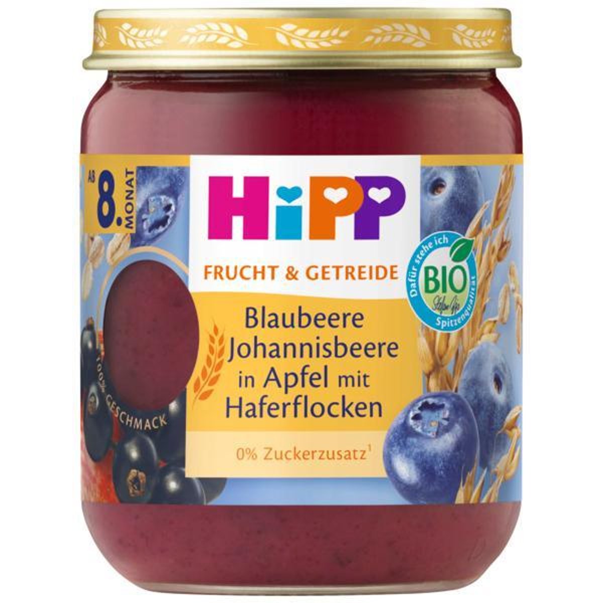 HiPP BIO Blaubeere Johannisbeere in Apfel mit Haferflocken, ab dem 8. Monat