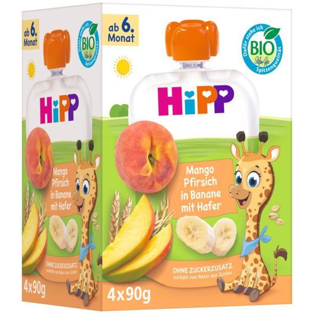 HiPP BIO Quetschbeutel Mango Pfirsich in Banane mit Hafer, 4x90g, ab dem 6. Monat