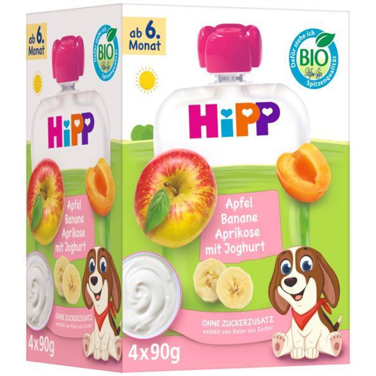 HiPP BIO Quetschbeutel Apfel Banane Aprikose mit Joghurt, 4x90g, ab dem 6. Monat