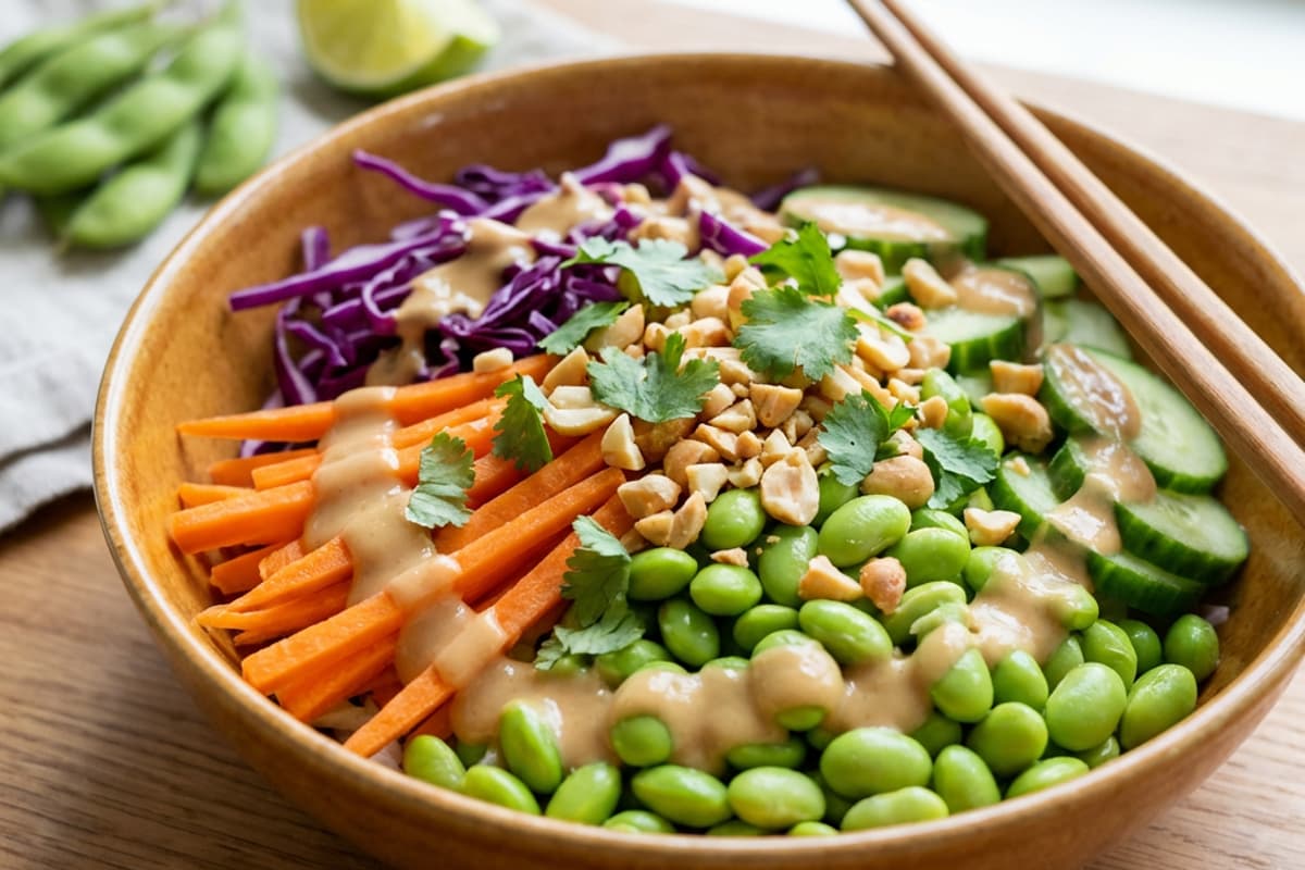 Asiatischer Salat mit Edamame und Erdnuss‑Dressing