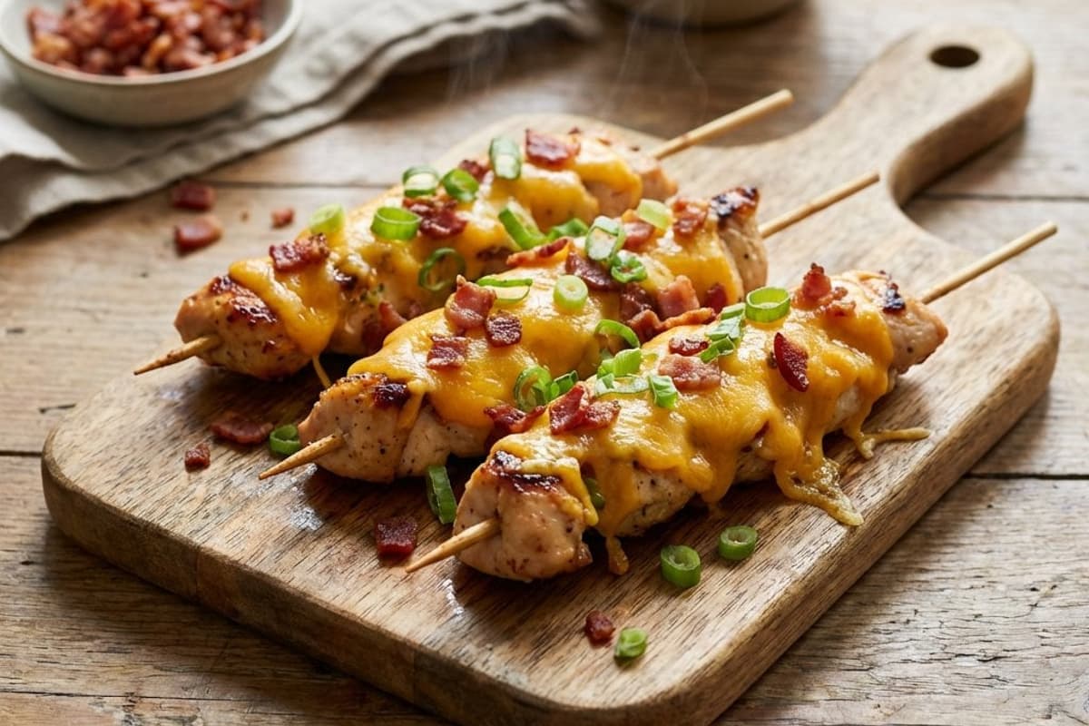 Hendlspieße mit Cheddar und Speck | Schnelles Rezept