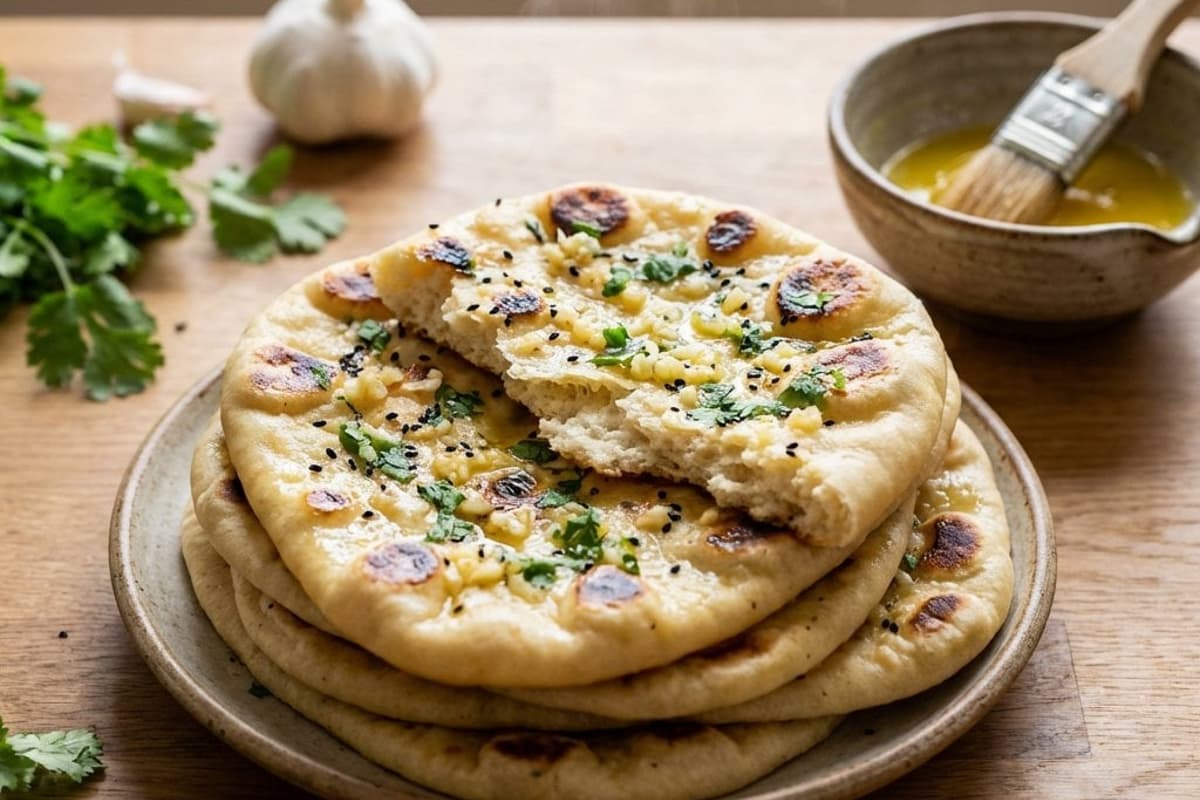 Indisches Naan-Brot mit Knoblauch & Koriander | Flaumig & Frisch