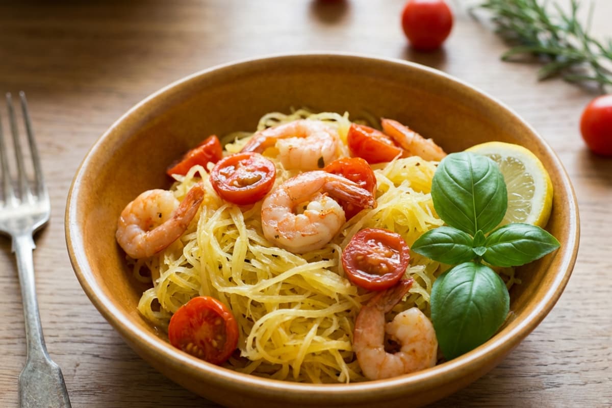 Kürbis mit Garnelen und Kirschtomaten