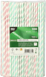 PAPSTAR 100 Trinkhalme, Papier Ø 6 mm · 22 cm farbig sortiert "Stripes" flexibel