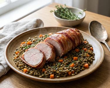 Pork Tenderloin with Pancetta and Green Lentils