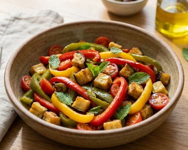 Mediterranean Salad with Roasted Bell Peppers and Eggplant
