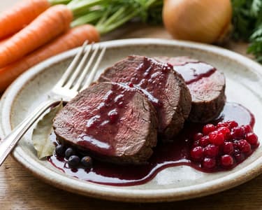 Hirschbraten mit Rotwein-Preiselbeer-Soße