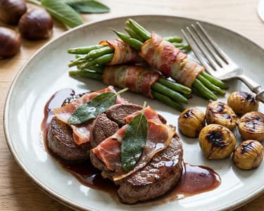 Venison Loin Saltimbocca with Oven-Roasted Chestnuts and Bacon-Wrapped Green Beans