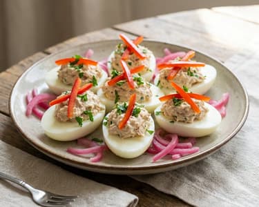 Gefüllte Eier mit Thunfisch und geröstetem Paprika