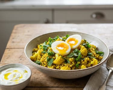 Cauliflower Bulgur with Curry and Egg
