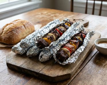 Schichtfleisch-Spieße in Alufolie