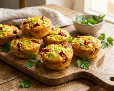 Herzhafte Eier-Muffins mit getrockneten Paradeisern und Lauch