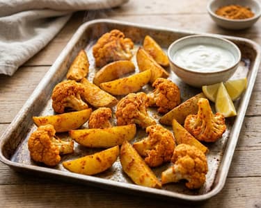 Baked Tandoori Cauliflower with Potato Wedges