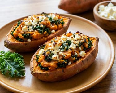 Baked Sweet Potatoes with Kale and Feta