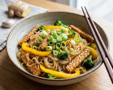 Fried Rice Noodles with Tempeh and Vegetables